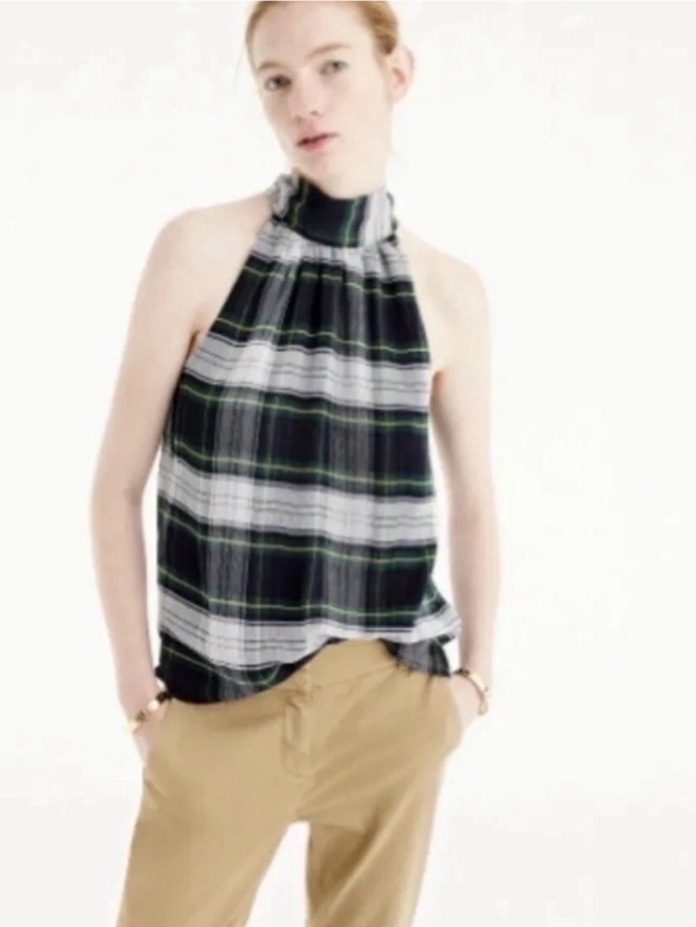 344. J. Crew Women’s Plaid Halter Casual Workwear Top in Black Green NWOT Size 4